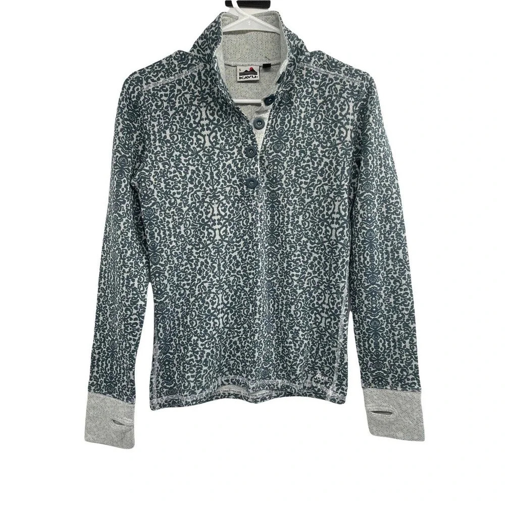 Kavu Women's Size S Lopez Long Sleeve Mock Neck Shirt Top Thumb Holes Button - Picture 4 of 11